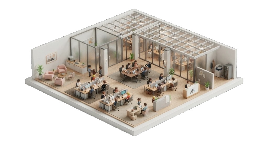 Isometric commercial workspace: desks, meeting rooms, and crews coordinated in one system