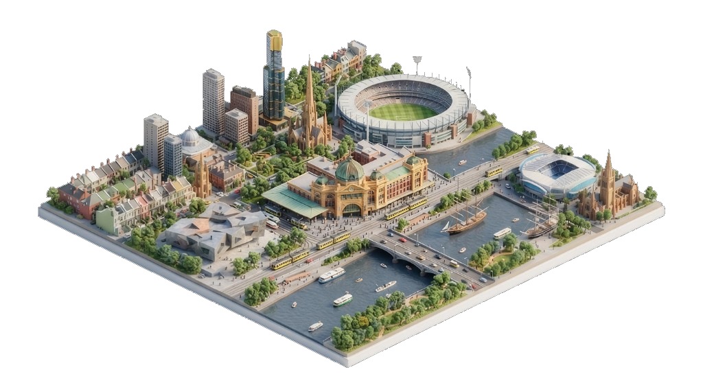 Isometric city precinct: sites, venues, and operations coordinated across the portfolio