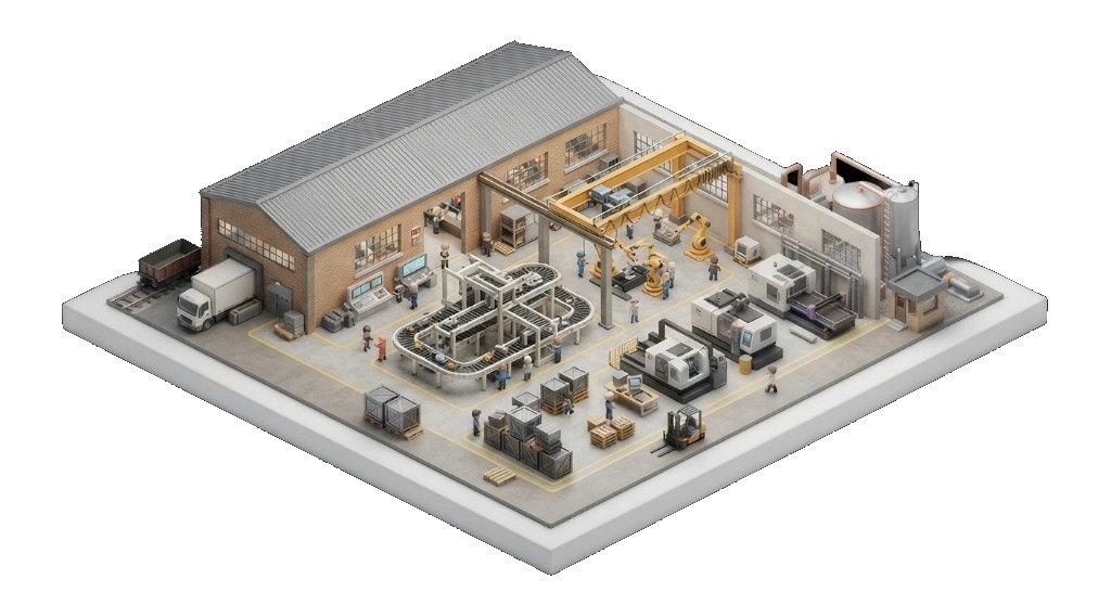 Isometric operations floor: production, logistics, and crews running as one system